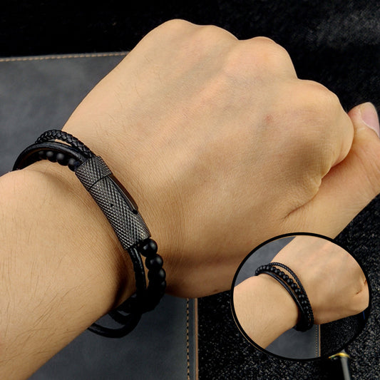 Midnight Snap: Stainless Steel & Black Leather Bracelet for Men