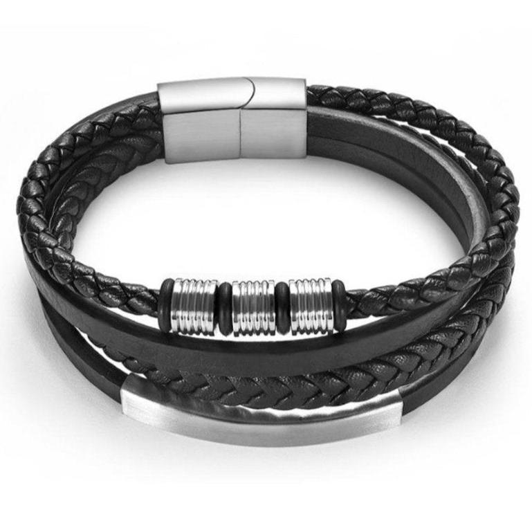 Fusion Black Leather & Steel Multi-Layer Bracelet