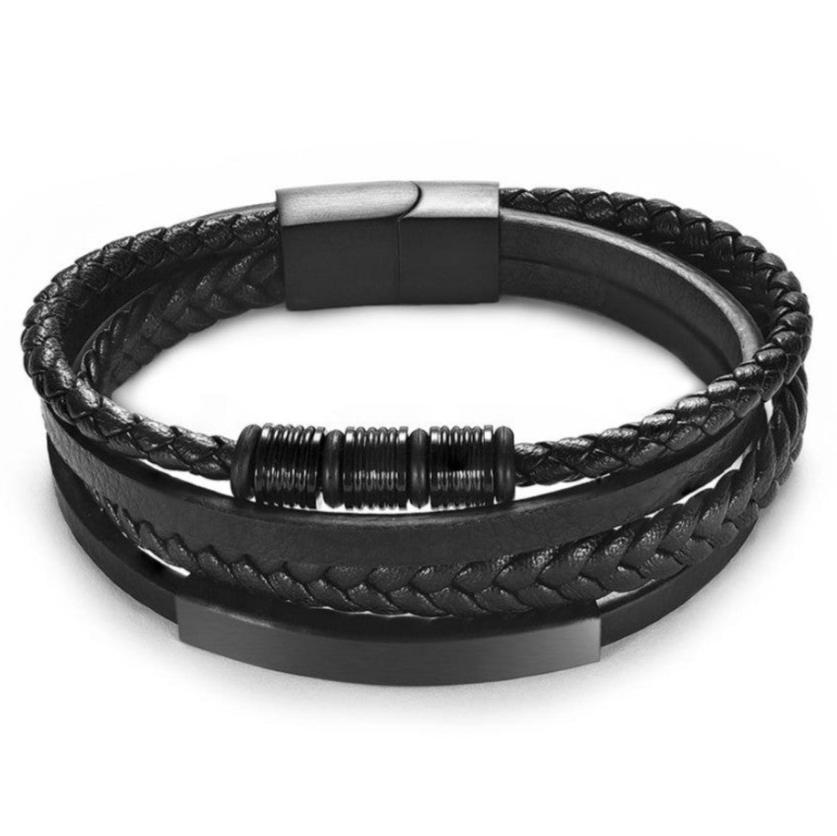 Fusion Black Leather & Steel Multi-Layer Bracelet