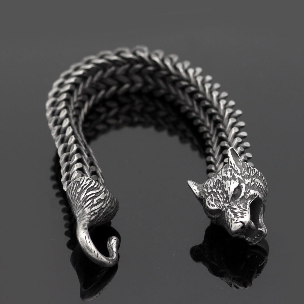 Varg | Vintage Silver Wolf Head Cuban Chain Bracelet