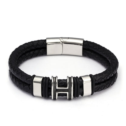 Vanguard | Black Leather & Gold Steel Men's Bracelet