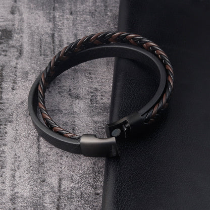 Aegis | Leather Cord Stainless Steel Braided Bracelet for Men