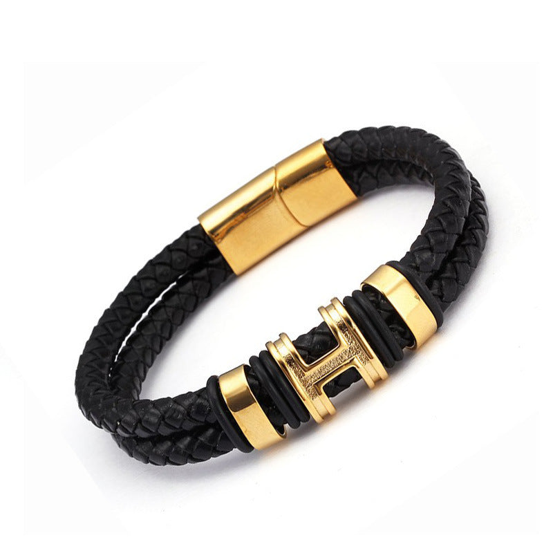 Vanguard | Black Leather & Gold Steel Men's Bracelet