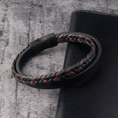 Aegis | Leather Cord Stainless Steel Braided Bracelet for Men