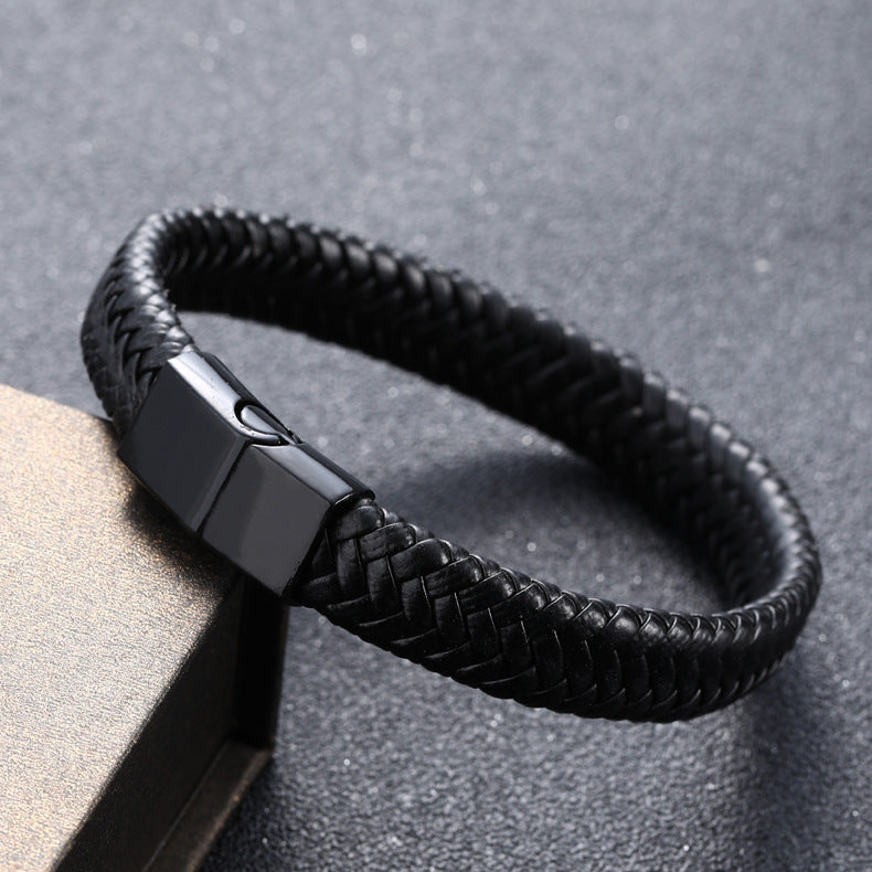 Midnight Weave | Men's Genuine Leather Bracelet with Black Buckle