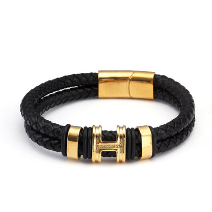 Vanguard | Black Leather & Gold Steel Men's Bracelet