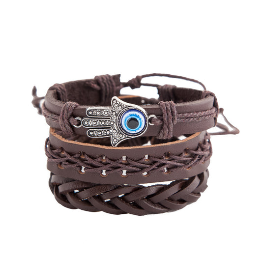 Hamsa | Brown 3-piece Leather Evil Eye Men's Bracelet Set