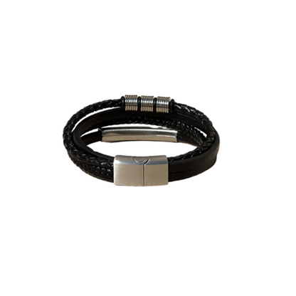 Fusion Black Leather & Steel Multi-Layer Bracelet