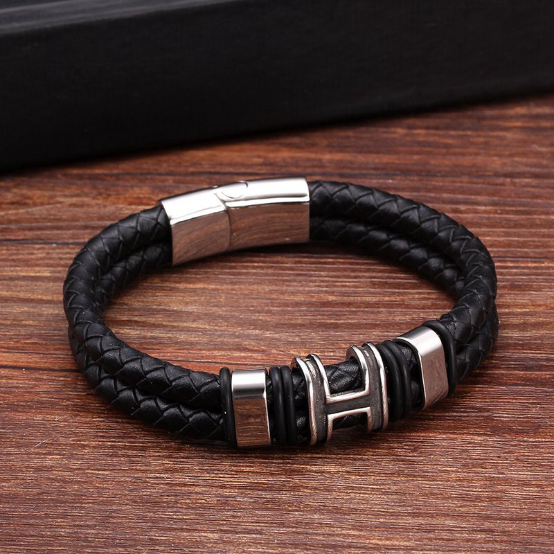 Vanguard | Black Leather & Gold Steel Men's Bracelet