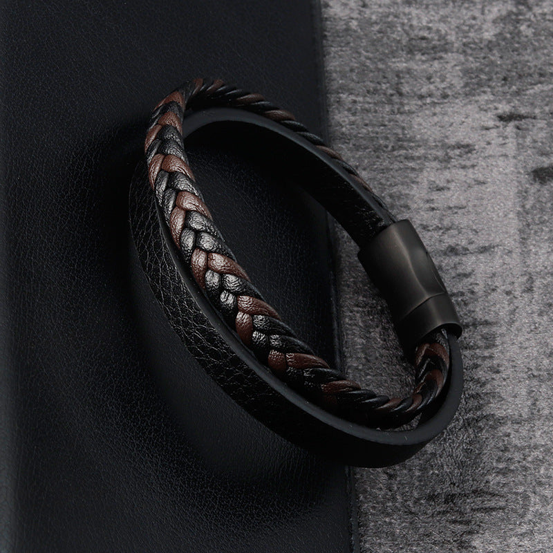 Aegis | Leather Cord Stainless Steel Braided Bracelet for Men