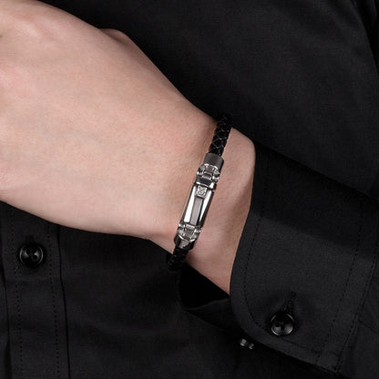 Strider | Black Leather & Steel Luxury Men's Bracelet