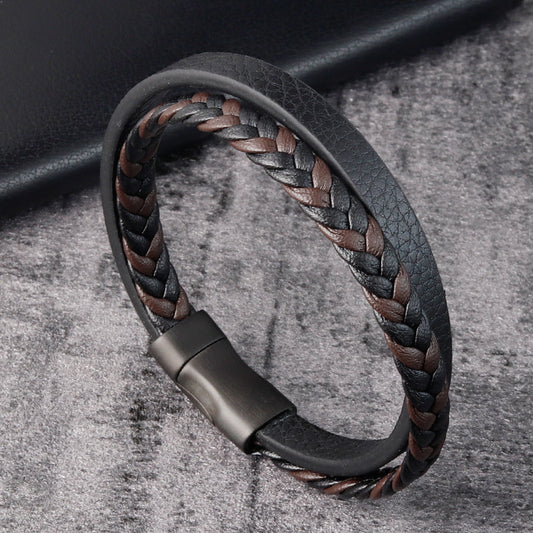 Aegis | Leather Cord Stainless Steel Braided Bracelet for Men