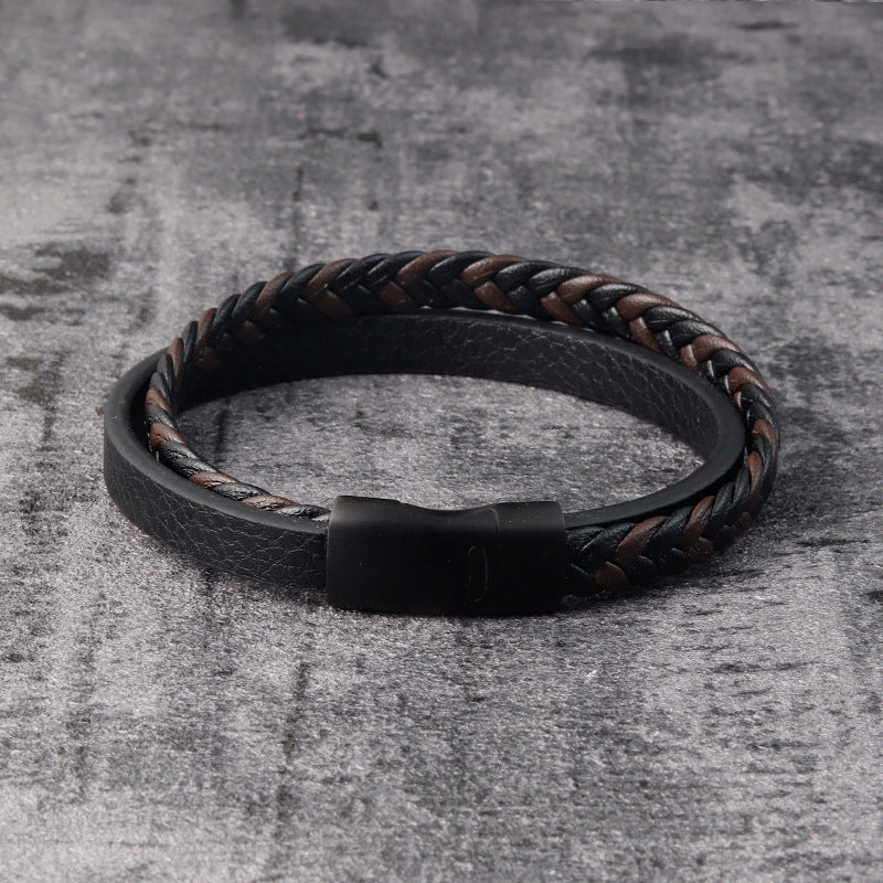 Aegis | Leather Cord Stainless Steel Braided Bracelet for Men